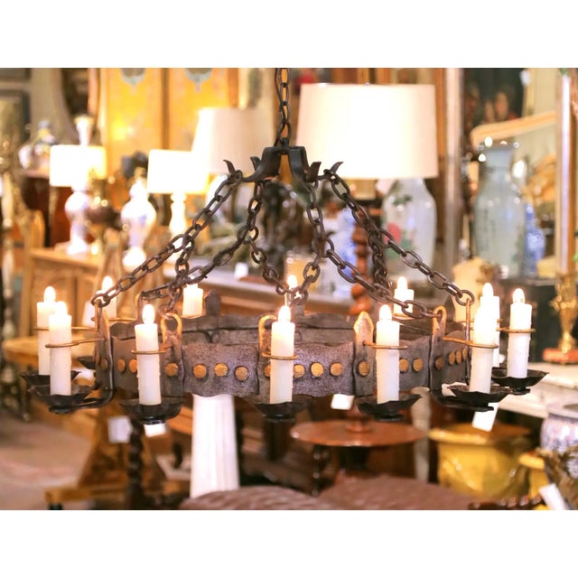Gothic Early 20th Century French Gothic Twelve-Light Iron Chandelier With Gilt Accents For Sale - Image 3 of 11