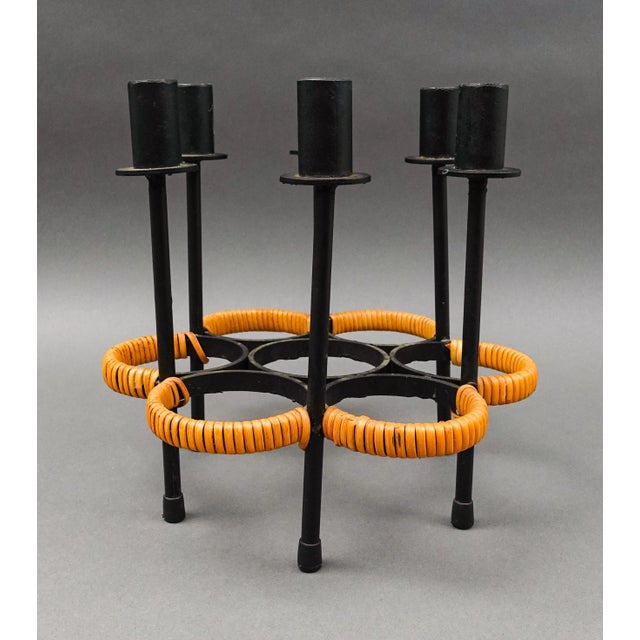 Arthur Umanoff For Raymor Mid Century Modern Iron & Rattan 6-Light Candle Stick Holder Candelabra. Measures approximately...