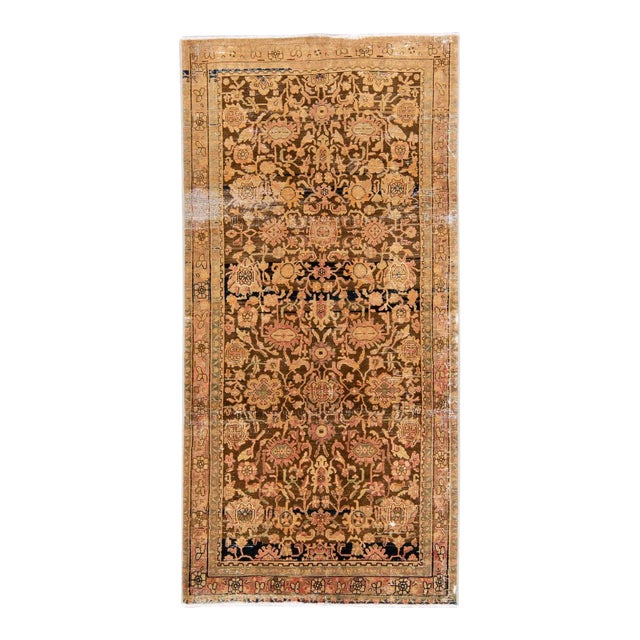 1960s Vintage Distressed Handmade Floral Brown Wool Runner For Sale