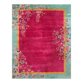 1920s Pink Dark Floral Antique Chinese Art Deco Rug 9' X 11'6" Handknotted Wool Carpet For Sale
