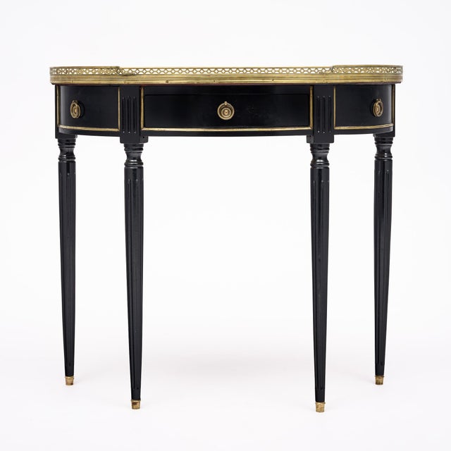 Stone French Louis XVI Style Ebonized, Brass and Marble Demi-Lune Console Table For Sale - Image 7 of 9