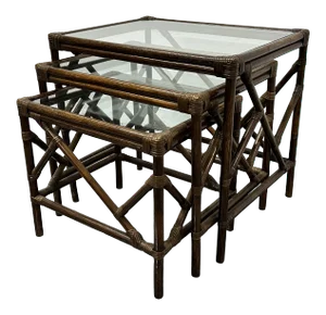 Mid-Century Rattan and Glass Top Nesting Tables - Set of Three