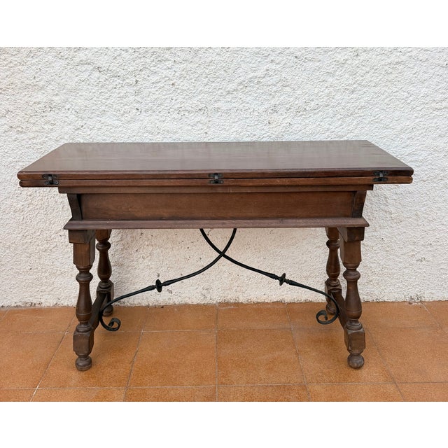 Spanish Carved Wood Drop-Leaf Table with Iron Stretcher, 1940 For Sale - Image 13 of 14