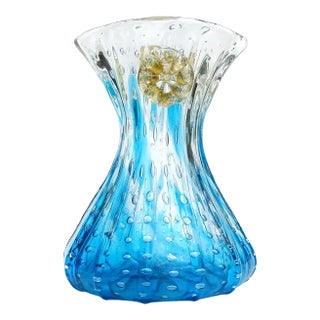 Vintage Murano Sapphire Blue Gold Flecks Flowers Control Bubbles Italian Art Glass Decorative Flower Vase For Sale