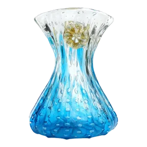 Vintage Murano Sapphire Blue Gold Flecks Flowers Control Bubbles Italian Art Glass Decorative Flower Vase