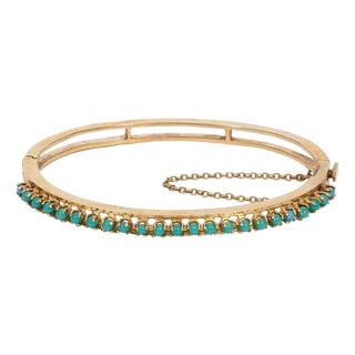 1950s 14k Turquoise Bangle Bracelet Yellow Gold Bead Vintage Opens Hinged For Sale
