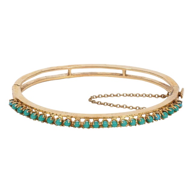 1950s 14k Turquoise Bangle Bracelet Yellow Gold Bead Vintage Opens Hinged For Sale