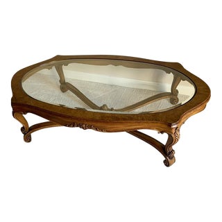 Karges Hand Carved Walnut Coffee Table with Beveled Glass Insert For Sale