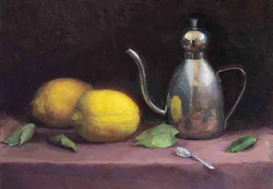 Marco Fariello, Still Life with Lemons, Cruet and Teaspoon, Oil on Panel, 2020