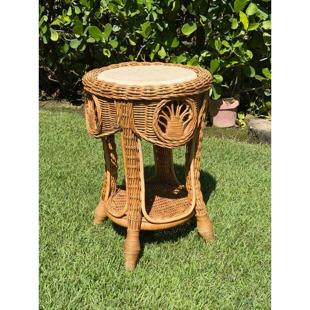Vintage Sculptural Rattan Side Table With Tessellated Travertine Inlay For Sale - Image 4 of 15