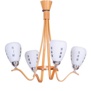 Mid-Century Chandelier in Beech and Glass by Dřevo Humpolec, Czech, 1960s For Sale