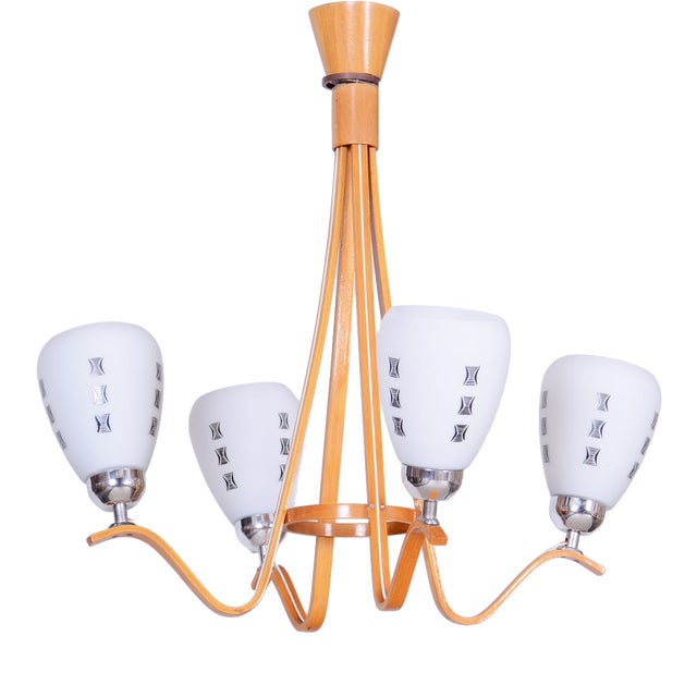 Mid-Century Chandelier in Beech and Glass by Dřevo Humpolec, Czech, 1960s For Sale