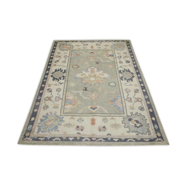 Early 21st Century Early 21st Century Green & Charcoal Floral Design Handwoven Wool Turkish Oushak Rug 4'8" X 6'5" For Sale - Image 5 of 7