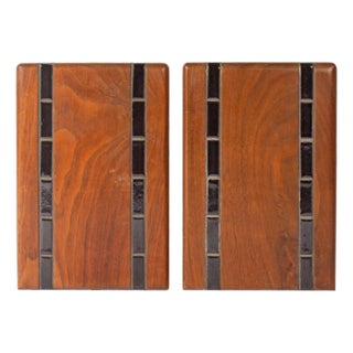 Martz Marshall Studios Walnut and Ceramic Bookends, a Pair For Sale