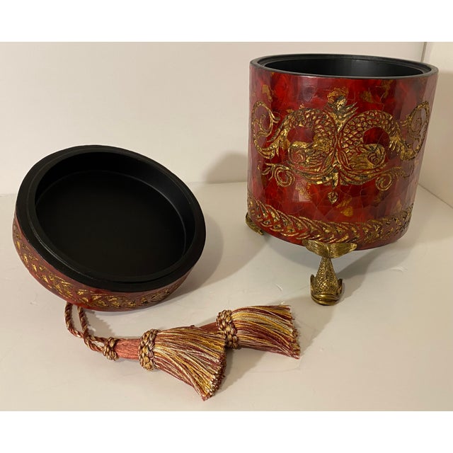 Monumental 14" Graduated Trio of Maitland-Smith Tessellated Stone Canisters - Imperial Red & Gold Leaf For Sale - Image 14 of 18