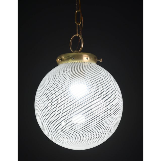 1970s Mid 20th Century Italian Pendant Light With Optic Spiral Glass Globe and Restore Brass For Sale - Image 5 of 10