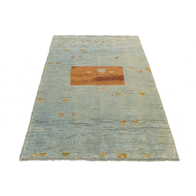Tribal 4x6 Modern Hand-Knotted Gabbeh Wool Rug – Vibrant Blue & Sunset Orange Tribal For Sale - Image 3 of 8
