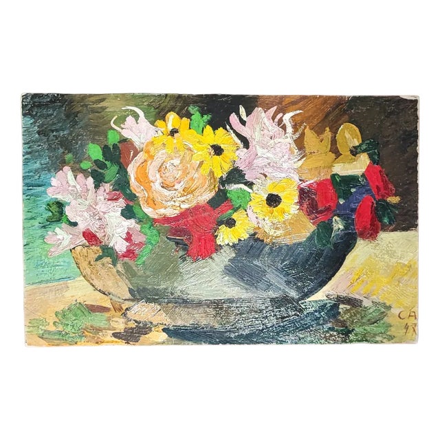 C.A., Composition printanière, 1947, Oil on Cardboard For Sale