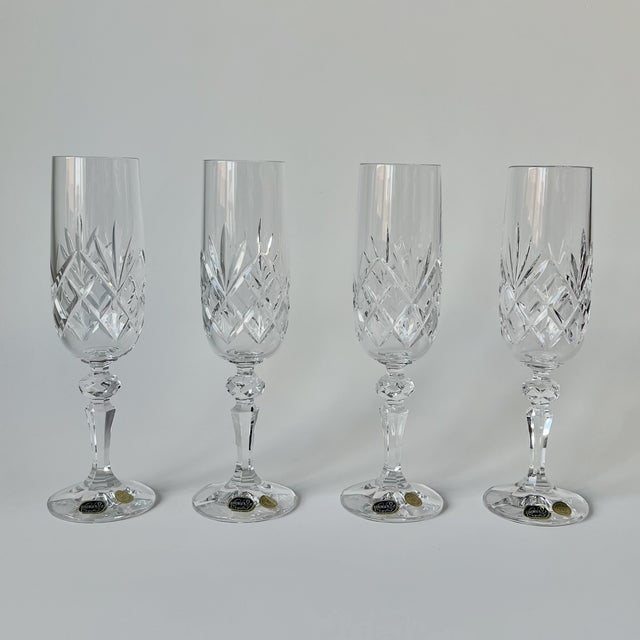 Mid-Century Modern Vintage Crystal Champagne Flutes from Bohemia, 1990s, Set of 4 For Sale - Image 3 of 14