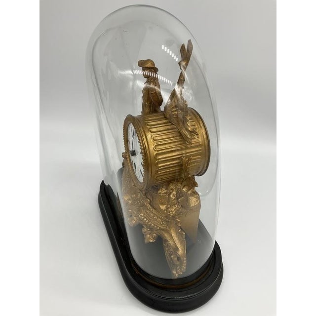 Victorian Antique French Gilt Spelter Mantel Clock Glass Dome Windmill Figural Victorian Clock C. 1880 For Sale - Image 3 of 10