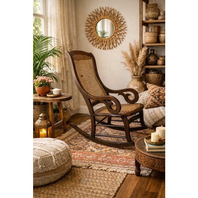 Antique Bentwood Cane Rocking Chair In the Manner of Thonet Kindly note photo number two (2) is a digital rendering...