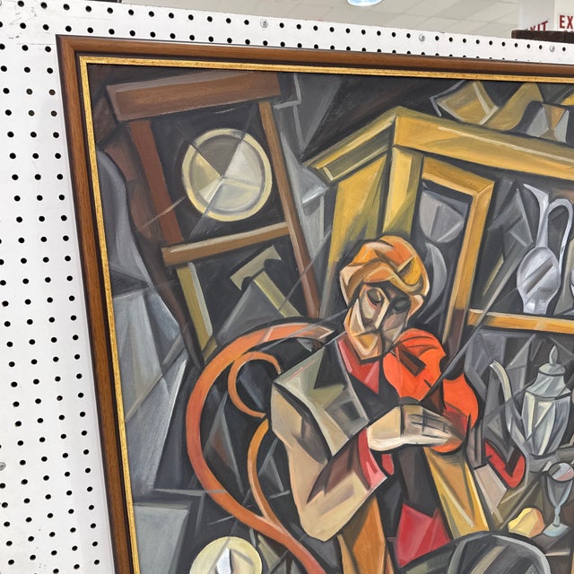 Abstract Large Vintage Cubist Expressionist Oil Painting Signed For Sale - Image 3 of 10