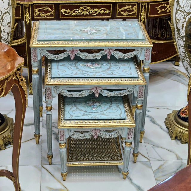 French French Style Nesting Tables – Set of 3 With Glass Tops, Soft Blue Finish & Gold Leaf Details For Sale - Image 3 of 5