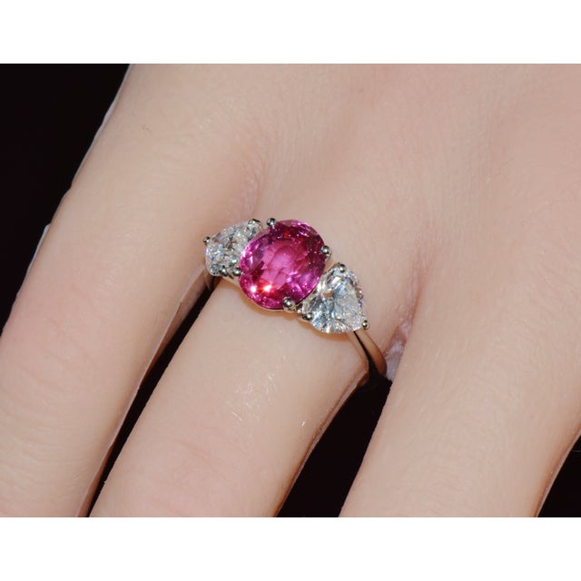 Mid-Century Modern Late 20th Century Gia 4.47Cts No-Heat Mozambique Ruby & D Vvs2 Heart Diamond Platinum Three Stone Ring, Size 6 For Sale - Image 3 of 18