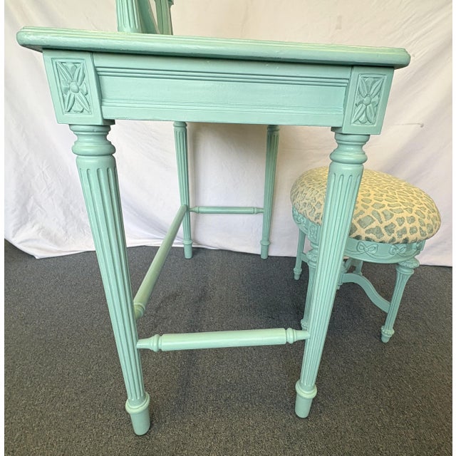 Vintage Vanity With Coordinating Stool Painted in an Ethereal Blue With New Upholstery For Sale In West Palm - Image 6 of 18