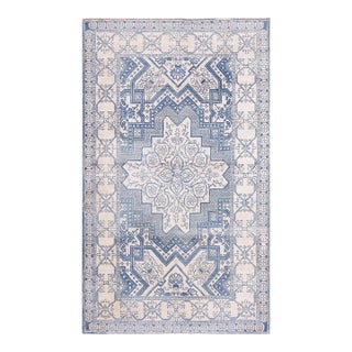 1930s Blue-White Medallion Antique Indian Agra Rug Knotted Pile 4' 1" X 6' 8" Cotton Carpet For Sale