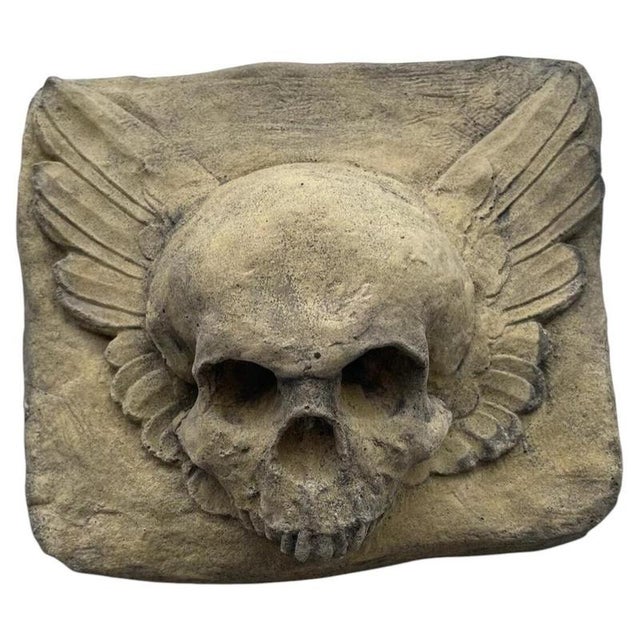 Gothic Winged Masonic Skull Stone Wall Plaque For Sale - Image 6 of 6
