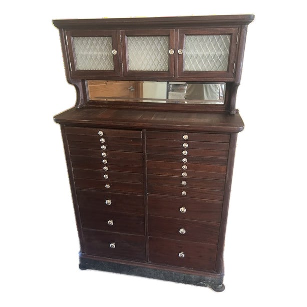 Antique Mahogany Dental Cabinet With Diamond Frosted Windows and Crystal Knobs For Sale