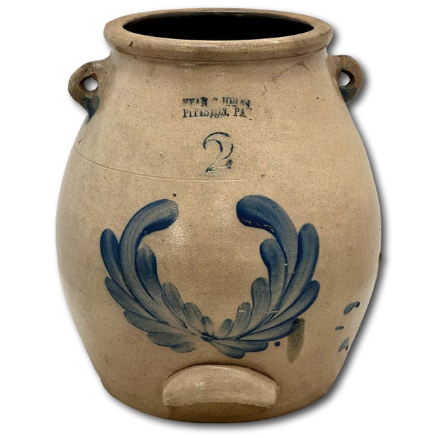 American Rare Large 2 Gallon Size Antique American Blue Decorated Stoneware Batter Jug by Evan R Jones Pittston Pennsylvania 1860s For Sale - Image 3 of 18
