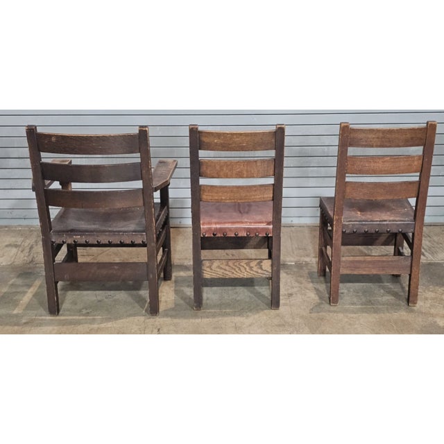Set of 6 Stickley Arts & Crafts Oak Dining Chairs Leather Seats Early Gustav Stickley For Sale - Image 9 of 13