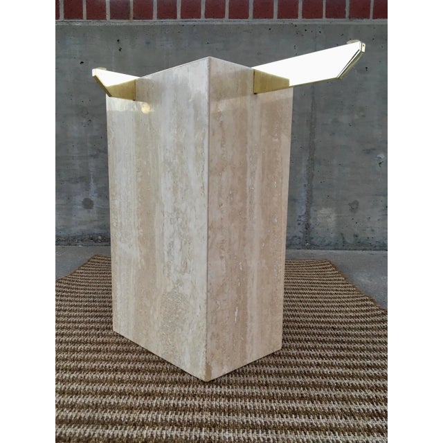 Mid-Century Modern Artedi Brass-X Pedestal Glass End Table in Polished Travertine Italy For Sale - Image 3 of 13