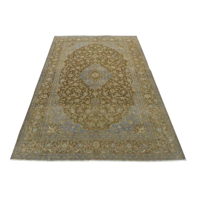 Kashan Rug 10′ X 13’5” Brown Wool Vintage Distressed Hand-Knotted Carpet For Sale