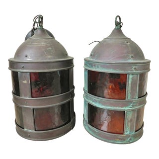 Vintage Nautical Orange Brass Lanterns Hanging Lamps - Set of 2 For Sale