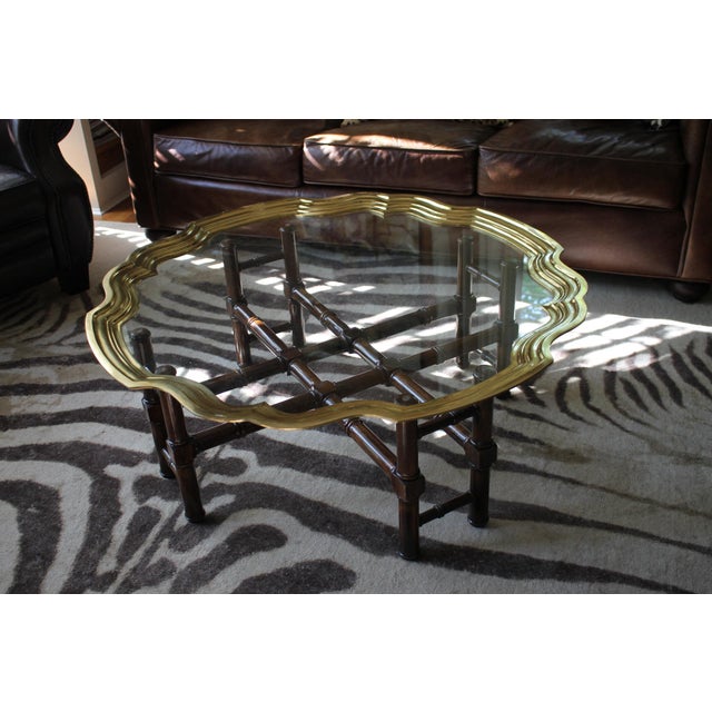 Hollywood Regency Campaign Scalloped Brass And Glass Tray Faux Bamboo Coffee Table Chairish