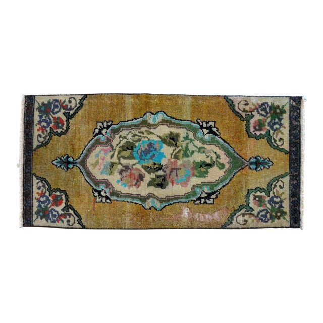 Hand Knotted Small Oushak Rug Mat Faded Petite Rug 1'5" X 2'11" For Sale