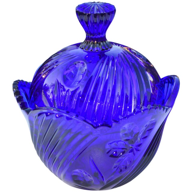 Midcentury cobalt blue crystal lidded bowl with elegantly cut floral motif and intricate details. Marked: Made in Poland....