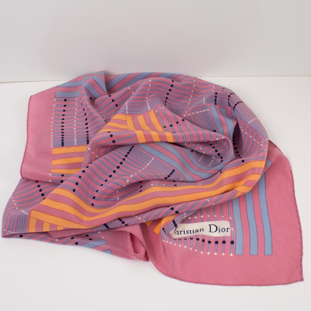 Textile Christian Dior Paris Silk Scarf Geometric Print in Pink and Apricot For Sale - Image 7 of 7