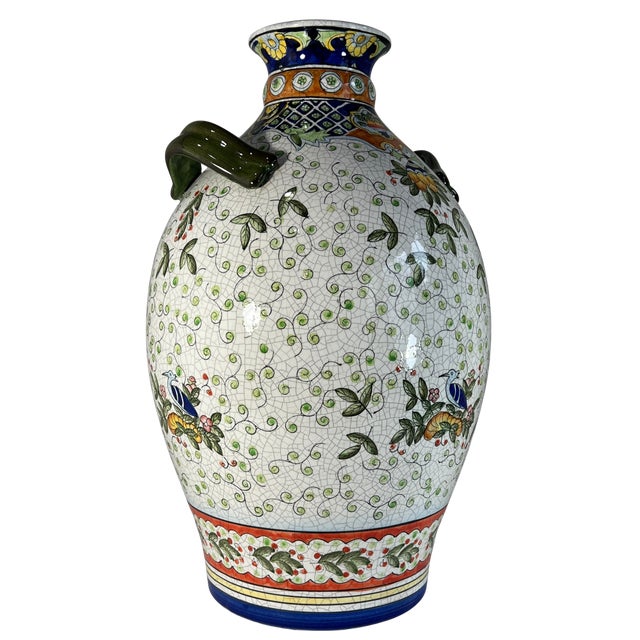 Ceramic 17+ In. Tall Chinese Jug Vase Stylized Blue Songbird, Fruit & Leaf Pattern For Sale - Image 7 of 18