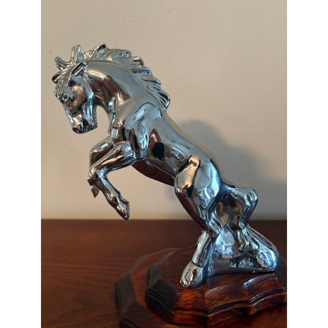 Vintage Chrome Rearing Horse Sculpture on Wood Base, Hood Ornament Style For Sale In Orlando - Image 6 of 7