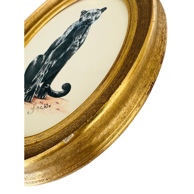 Realism Original Hand-Painted Black Panther Painting in a Vintage Oval Frame For Sale - Image 3 of 4