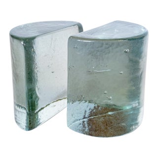 1960s Blenko Half Moon Solid Glass Clear Bookends Designed by Wayne Husted For Sale