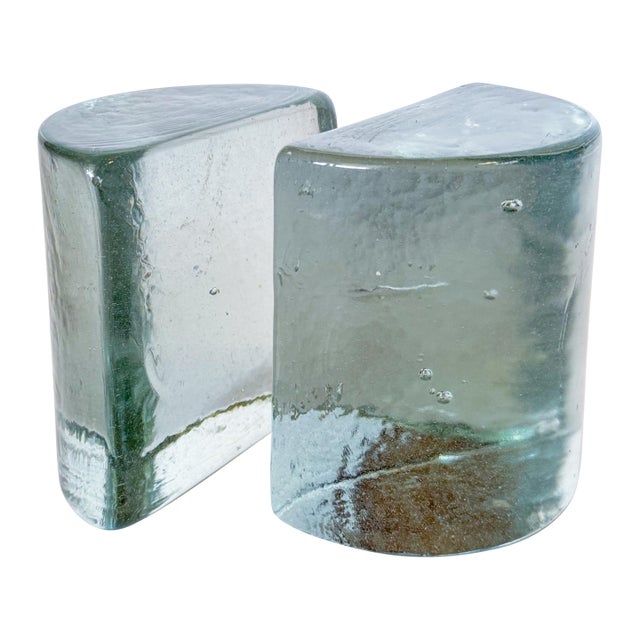1960s Blenko Half Moon Solid Glass Clear Bookends Designed by Wayne Husted For Sale