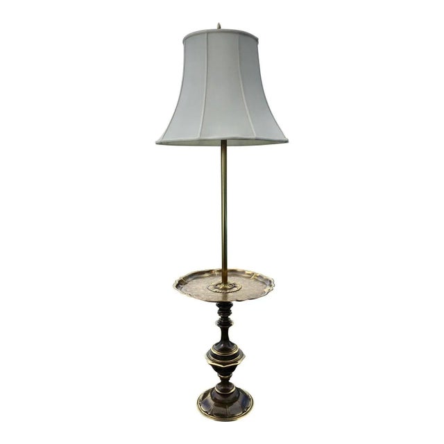 Solid Brass Etched Tray Table Floor Lamp & Silk Shade From the Stiffel Company - a Pair For Sale - Image 13 of 13