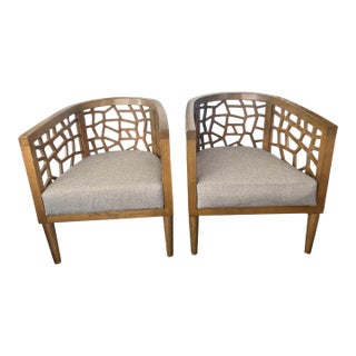 A Pair Mid-Century Modern Inspired Teak Fretted Barrel Tub Chairs For Sale