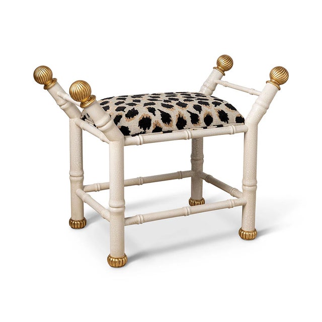 Boca is our hollywood regency style bench with features a bamboo frame and contrast metal gold leaf fluted ball finials...