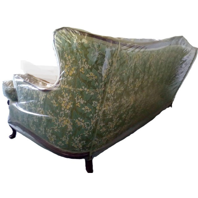 French Provincial 1940s French Provincial Styled, Green Brocade Fabric, Solid Wood-Trimmed Vintage Couch For Sale - Image 3 of 6